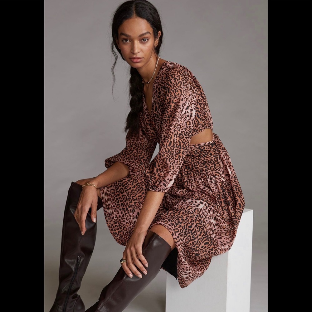 Anthropologie Floral Cut Out Midi Dress Brown Motif Brown animal print XSP NWT